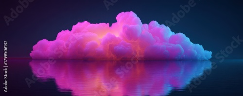 Abstract pink and blue cloud formation illuminated with warm yellow light over dark rippling water