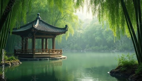 Fototapeta Naklejka Na Ścianę i Meble -  Gazebo rests by serene lake in bamboo forest. Traditional oriental pavilion offers peaceful retreat for meditation. Lush green nature surrounds tranquil water body.