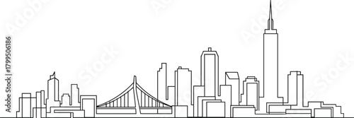 City skyline line drawing, urban architecture illustration, minimalist black and white buildings, suspension bridge, skyscraper silhouette, downtown scene