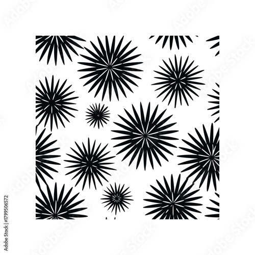 Seamless abstract pattern showcasing a vibrant array of black starburst-like organic geometric shapes, creating a dynamic and modern visual texture