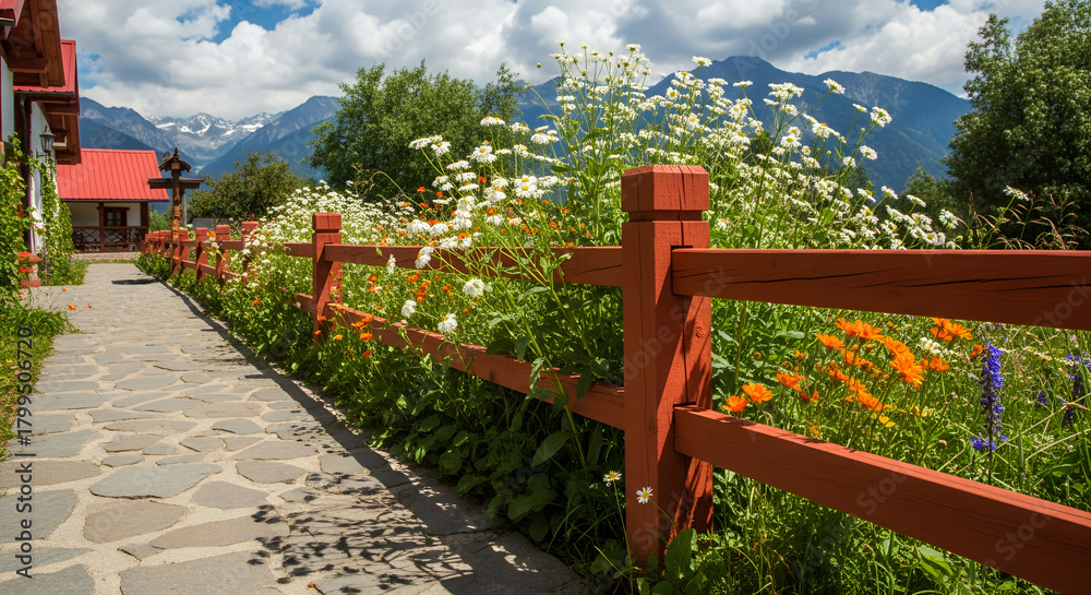 Fototapeta premium Image is a vibrant landscape photograph featuring a rustic stone pathway bordered by a wooden fence painted in a rich, earthy red. The fence is adorned with lush greenery and a variety of wildflowers,