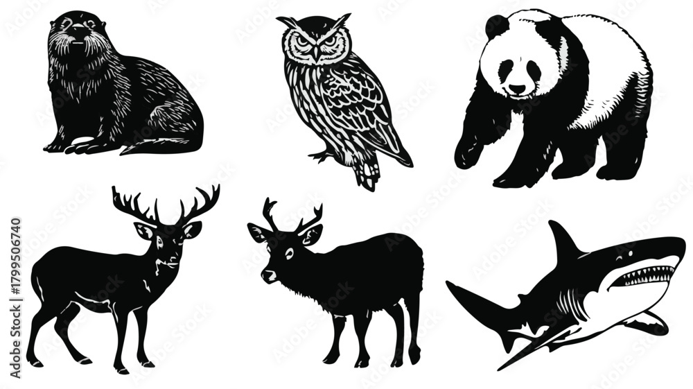 Naklejka premium Silhouette Collection of Diverse Animals on White Background