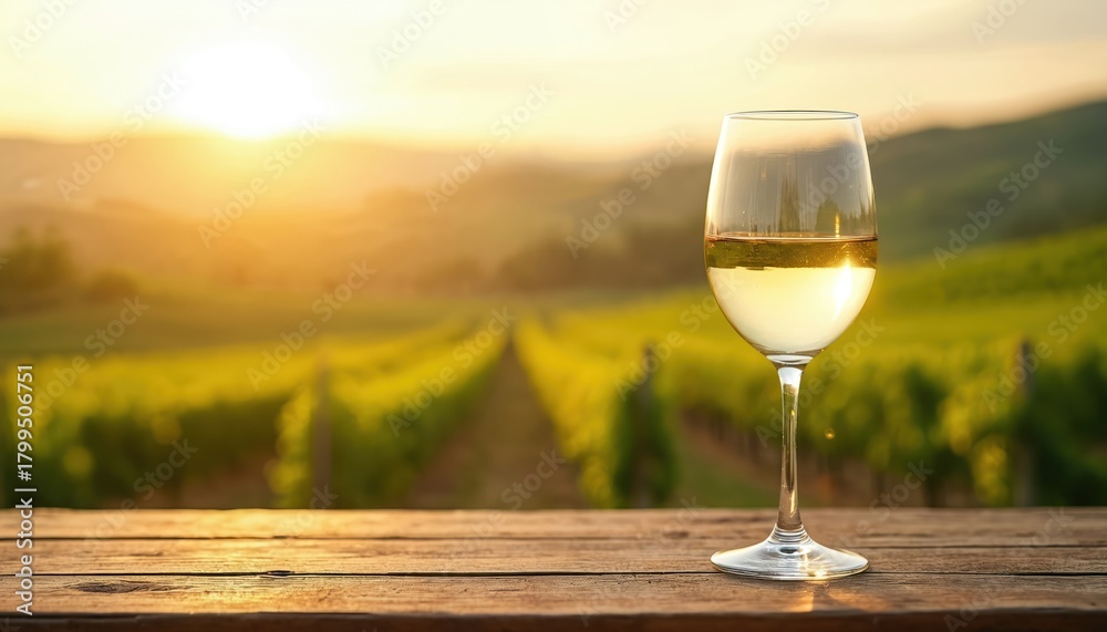 Fototapeta premium Wine glass stands on wooden surface at sunset. Blurred view of vineyard background adds aesthetic. Perfect photo for product placement food industry visuals. Beautiful scene for wine alcohol themes.