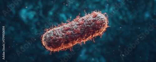 Close up 3D rendering of a single rod shaped bacterium with flagella against a dark blue background