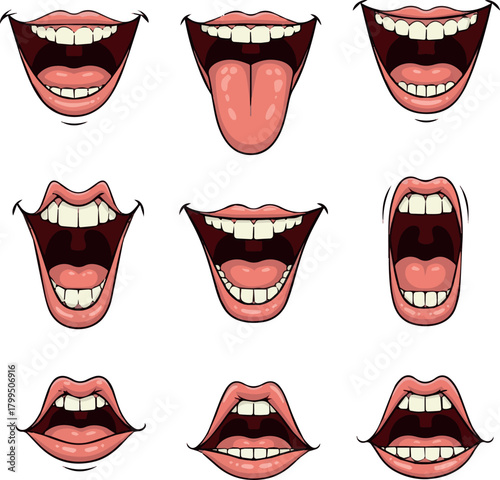 Create kinds of Different Smile with teeth, tongue sticking out, surprised. Funny cartoon mouths set with different expressions. Various open mouth options with lips, tongue and teeth