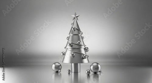 Minimalist Chrome Silver Christmas Tree with Ornaments and Star Topper