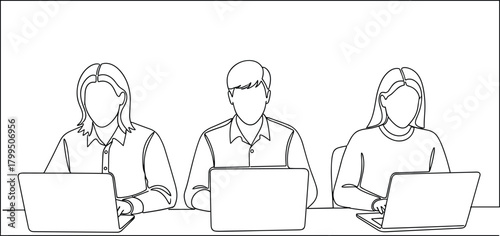 Laptop users line drawing, three people working, black and white sketch, office teamwork, study session, minimalist workspace illustration