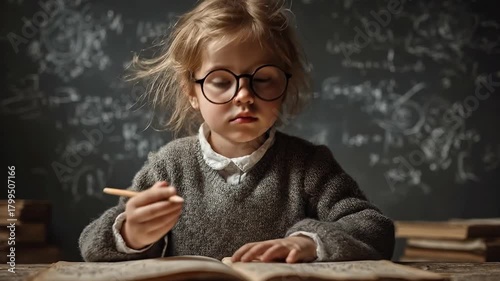 Kid girl child student writing on paper, preparing for exam. Smart young genius learning in school class. Studying concept with brain development idea.