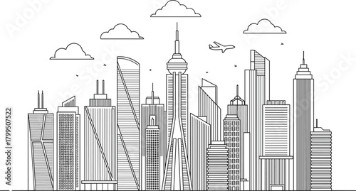 Modern city skyline illustration, black and white line art, skyscrapers, airplane, birds, clouds, urban architecture, framed drawing