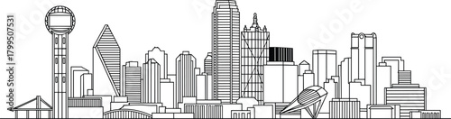 Dallas skyline line art, iconic buildings, Reunion Tower, Bank of America Plaza, minimalist cityscape, black and white drawing, urban architecture