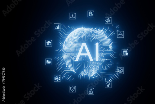 Global impact of artificial intelligence represented by digital world map and icons in blue tones