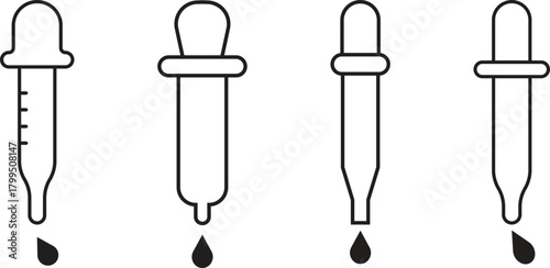 Set of pipettes for laboratory and cosmetic use design. Medical, chemical pipettes black outline vector illustration isolated on white background.