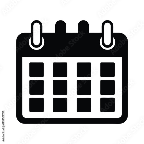 Monochrome calendar silhouette icon for planning schedules and organizing events. This simple pictogram represents a date, appointment, and deadline, perfect for time management and reminder concepts