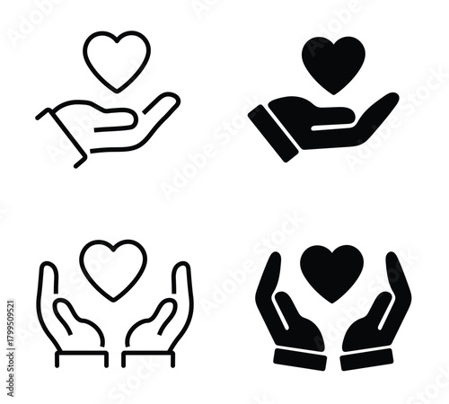 Hand Holding Heart Outline and Solid Icon Set on Transparent Background