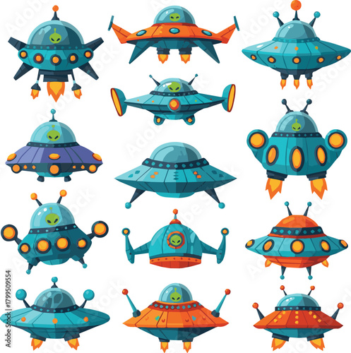 Create Science fiction concept kids of different alien spaceship and flying saucer illustration in cartoon art style space engine exploration cosmic fun vector transport flat design aircraft on white 