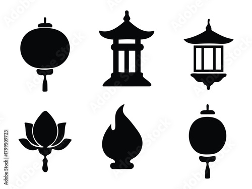 Chinese and east asian decorative lanterns and lotus flower icons