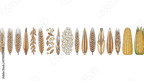 Collection of various cereal grains and corn varieties