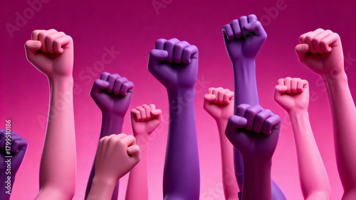 Banner with woman fists in fight. International Day for the Elimination of Violence against Women. November 25. Feminism. International Women's Day. Pink background. March 8.