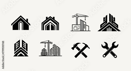 Black and white construction icon set featuring houses, buildings and tools for a variety of