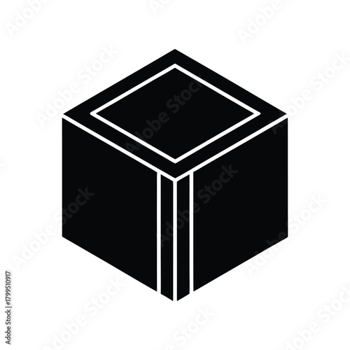 A simple black and white isometric cube icon representing a box, block, or container. This geometric glyph is a minimalist symbol for data, packaging, or foundational concepts