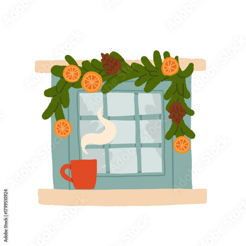 Cozy winter window with pine garland, dried oranges, pinecones and a warm steaming mug, festive holiday home decor illustration in soft warm tones, flat cartoon vector design for Christmas