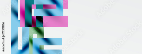 Abstract geometric shapes overlap, creating soft color blends. Light blues, pinks, greens dominate composition. Minimalist design.