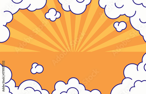 Sunrise background featuring warm orange sun rays emerging from behind fluffy white clouds creates a cheerful and uplifting atmosphere or use in wallpapers, banners, nature scenes vector illustration