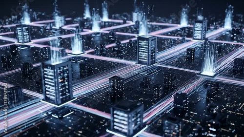 Futuristic Digital Metropolis with Glowing Data Network Connections.