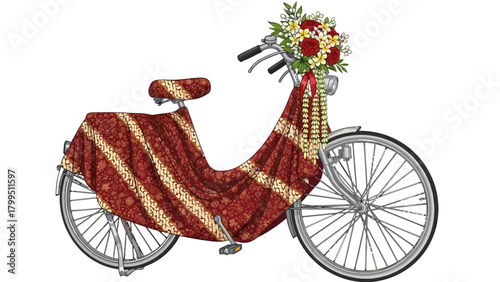 Decorated bicycle with batik cloth and flowers
