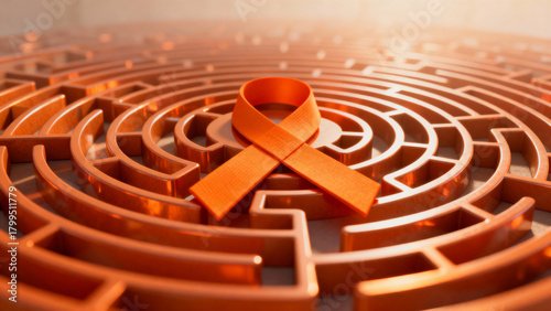 3D render of an orange ribbon shaped like a labyrinth, representing the complex journey toward safety and justice for women.