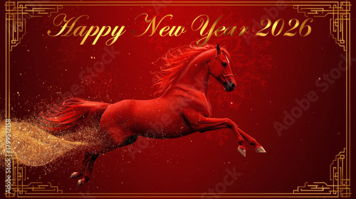 Chinese horoscope. Happy New Year 2026. The symbol of the year is a red fire horse on a red background. Banner for a party and New Year's Eve.