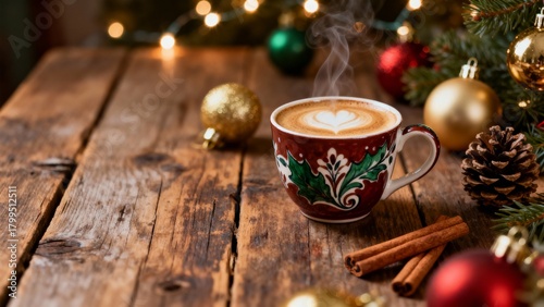Espresso with Christmas ornaments, warm lighting, pinecones, cozy vintage holiday ambiance, specialty coffee.