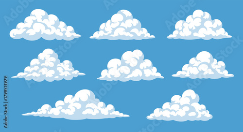 A set of various cartoon-style white cumulus clouds floating in a clear blue sky, illustrating a bright and sunny day.