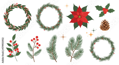 Festive collection of Christmas and winter holiday decorative elements, including wreaths, poinsettias, holly, pine branches, berries, and a pinecone.
