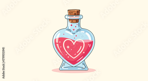 A charming illustration of a heart-shaped glass bottle filled with a vibrant pink liquid, topped with a cork, symbolizing love and romance.
