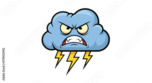 A cartoon illustration of an angry blue storm cloud with lightning bolts striking down, depicting bad weather or a furious mood.