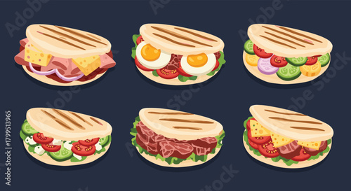 A collection of various grilled flatbread sandwiches with diverse fillings like cheese, ham, eggs, vegetables, and meat.