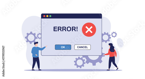 Two cartoon characters look at a large computer error message pop-up with a red 'X' and OK/Cancel buttons, illustrating a system problem or technical issue.