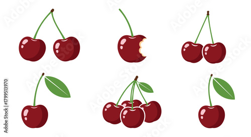A vibrant collection of stylized red cherry illustrations, showcasing fresh pairs, a single bitten cherry, cherries with green leaves, and a sweet cluster on white.