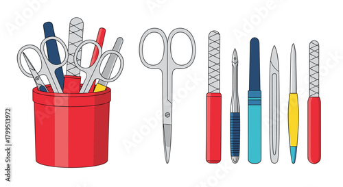 Assortment of professional manicure and pedicure tools, featuring nail scissors, files, and various implements, some organized in a red holder.
