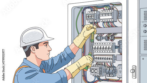 Electrician working on a control panel with tools and wires