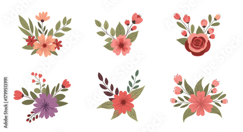 Beautiful collection of six diverse floral arrangements featuring various colorful flowers and leafy branches, ideal for decorative graphic elements.