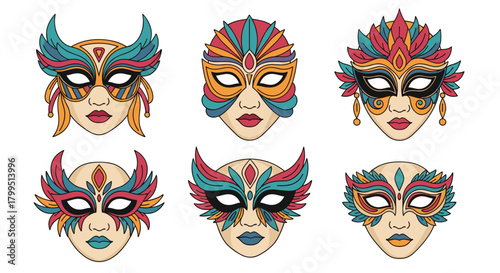Vibrant vector illustration featuring a collection of six elaborate carnival and masquerade masks, adorned with colorful feathers and intricate designs.