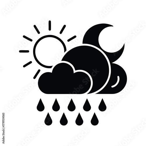 Dynamic weather forecast symbol illustrating atmospheric changes from sunny day to moonlit night, featuring clouds and raindrops for diverse climatic conditions