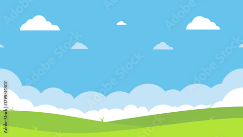 Bright Flat Simple Outdoor Scenery Nature Landscape Background Illustration Design with Green Hills and Blue Sky