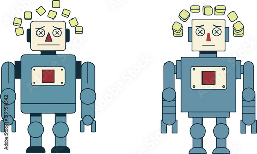 Retro Robot Malfunctioning From Too Much Data Cartoon Flat Vector Illustration