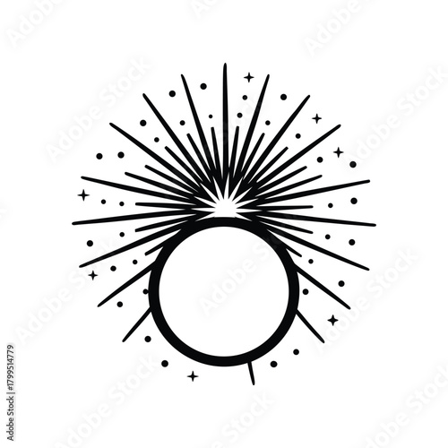 Minimalist black and white line art of a celestial body with a sunburst and stars, an esoteric astrological symbol for magic and spirituality