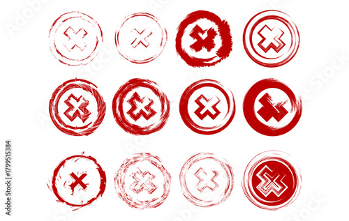 A set of red grunge style X mark icons with distressed circular outlines, perfect for cancel buttons, reject symbols, labels, and creative graphic design projects.