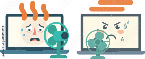 Overheating Laptop With Tiny Desk Fan Cartoon Illustration