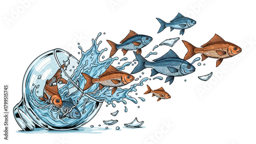 Fish swimming out of a broken lightbulb full of water